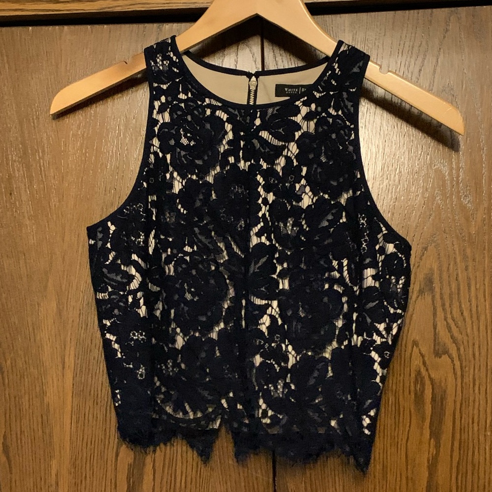 {White House Black Market} Midnight Blue Lace Cropped Tank